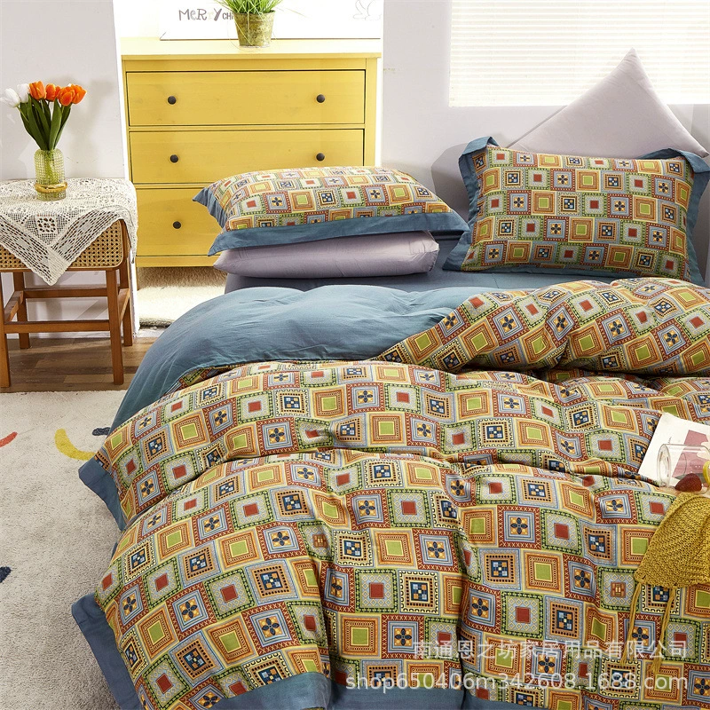 Комплект постельного белья из чистого хлопка класса А в винтажном стиле, двухслойная марля, четыре предмета: пододеяльник, простыня для односпальной/двуспальной кровати, доступен для оптовой продажи.