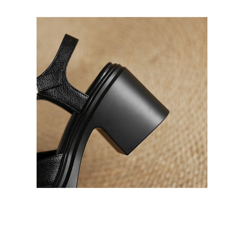 Sandal nữ mũi vuông hở mũi da cừu gót vuông cao 9 cm quai chữ T kiểu La Mã — đen chi tiết 19