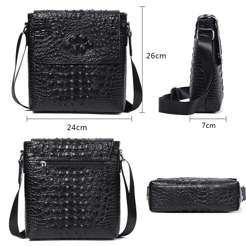Túi đeo chéo nam da bò thật vân cá sấu, túi đeo vai mở rộng đựng vừa máy tính bảng 8 inch — Màu cà phê, Màu đen