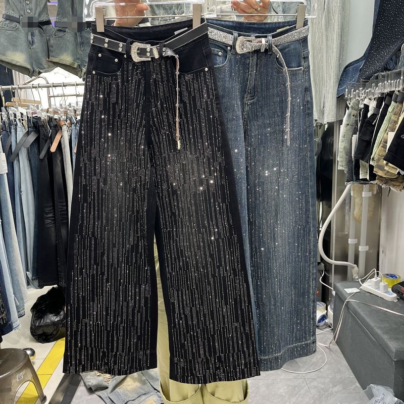 欧洲站重工烫钻拖地牛仔裤女潮2025秋季新款高腰显瘦百搭阔腿长裤|undefined
