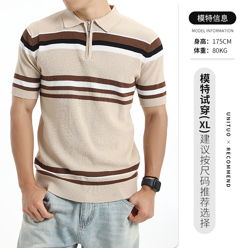 Europa y Estados Unidos polo transfronterizo ligero comercial casual a rayas con solapa papá verano camisa de punto de manga corta polo hombre