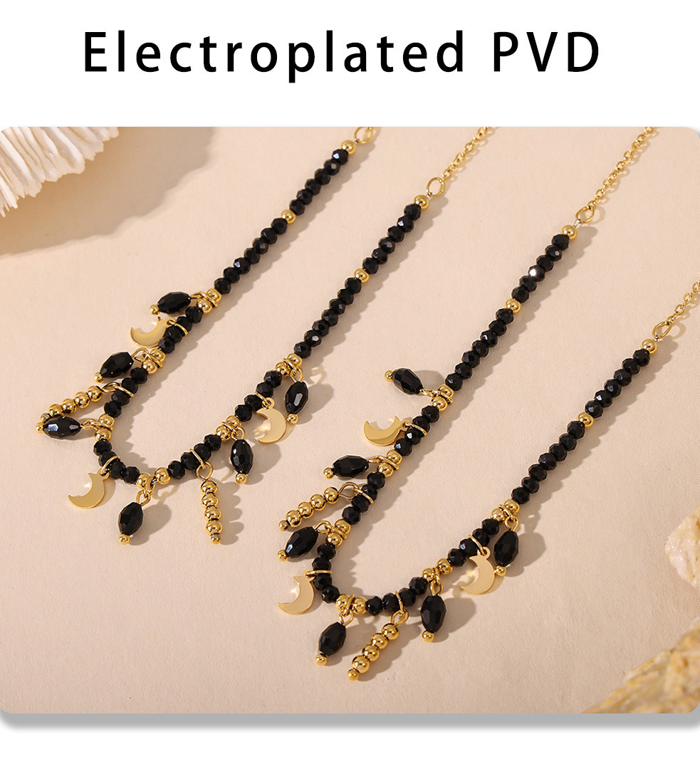 Sugar Cube Retro Temperament Black Crystal Moon Tassel Pendant Clavicle Necklace Stainless Steel Dark Queen Jewelry_voghion.com