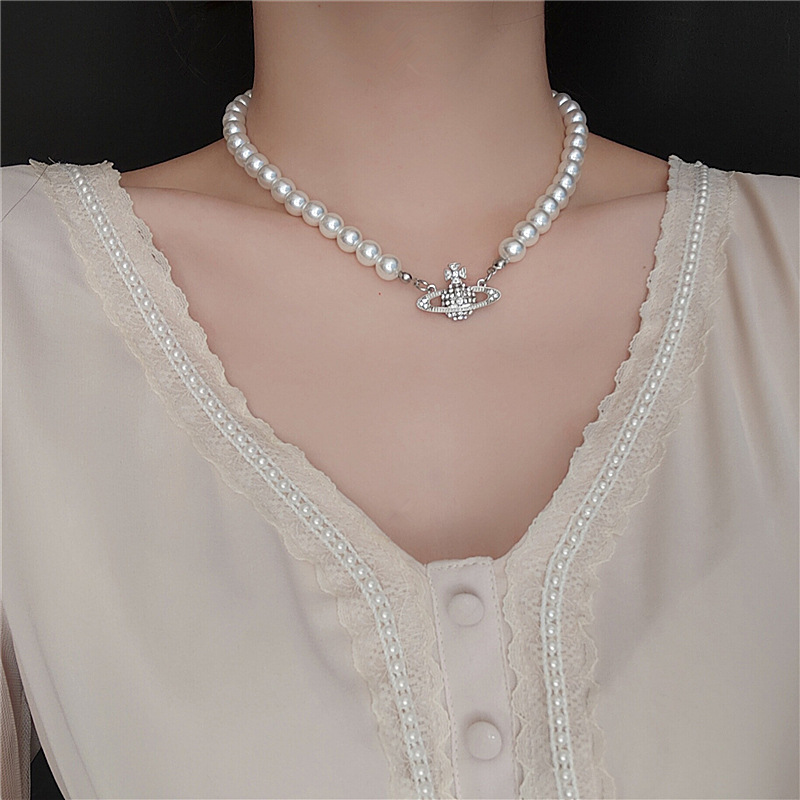 Europe and America Cross Border Fashion Necklace Creative Popular Temperament Pearl Necklace Diamond Planet Pendant Necklace Wholesalepicture3