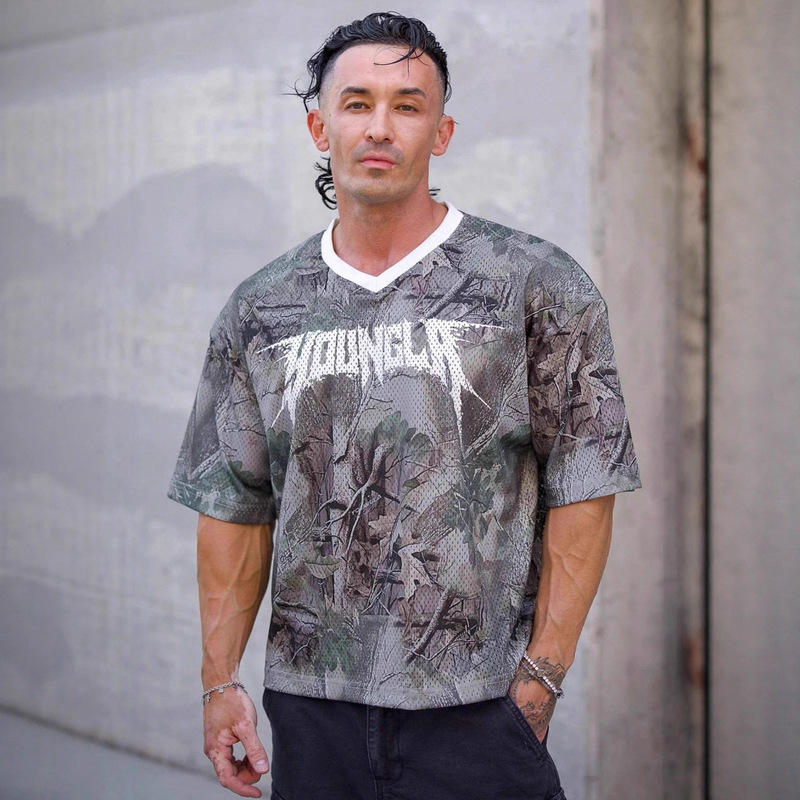 Youngla American New Men's Oversized T-Shirt Summer Sports Fitness Quick-Drying Breathable Mesh Short-Sleeved T-Shirt