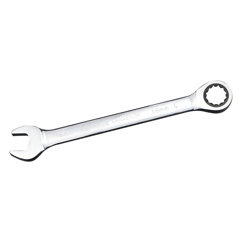 Llave de trinquete Torx cromada pulida a espejo, de uso rápido, con extremo abierto y función de trinquete manual.