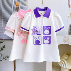 女童夏裝新款洋氣卡通女孩短袖POLO領小兔子連衣裙TX1062