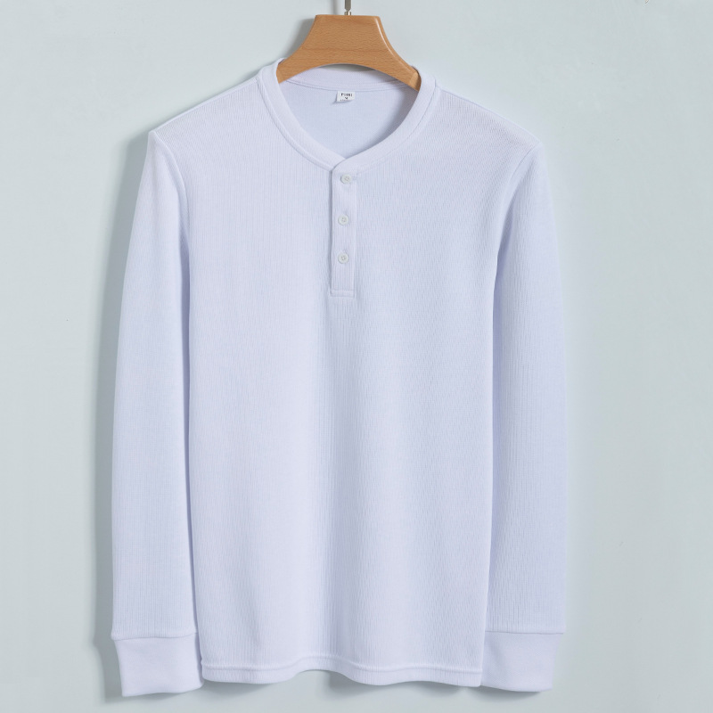 De gama alta 280g algodón americano lavado Henley camisa hombres de manga larga casual cuello redondo Camiseta hombres Henry cuello camisa de fondo