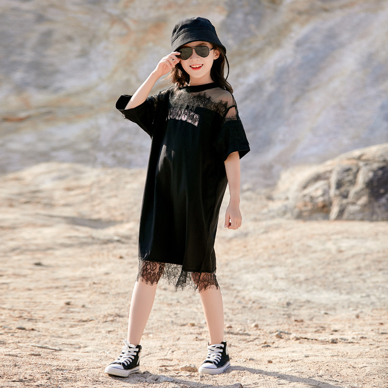 Vestido de las niñas encaje verano nuevo estilo coreano vestido de camiseta para niños medianos y grandes Vestido de manga corta de estilo occidental para niños medianos y grandes verano