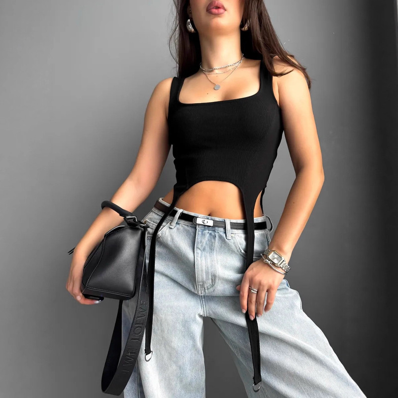 Vest with Street Style Personality, Ribbed Simple Sleeveless Top, European and American Summer New Style, Irregular Ribbon, Sexy Hot Girl Vest Vest with Street Style Personality, Ribbed Simple Sleeveless Top, European and American Summer New Style, Irregular Ribbon, Sexy Hot Girl Vest