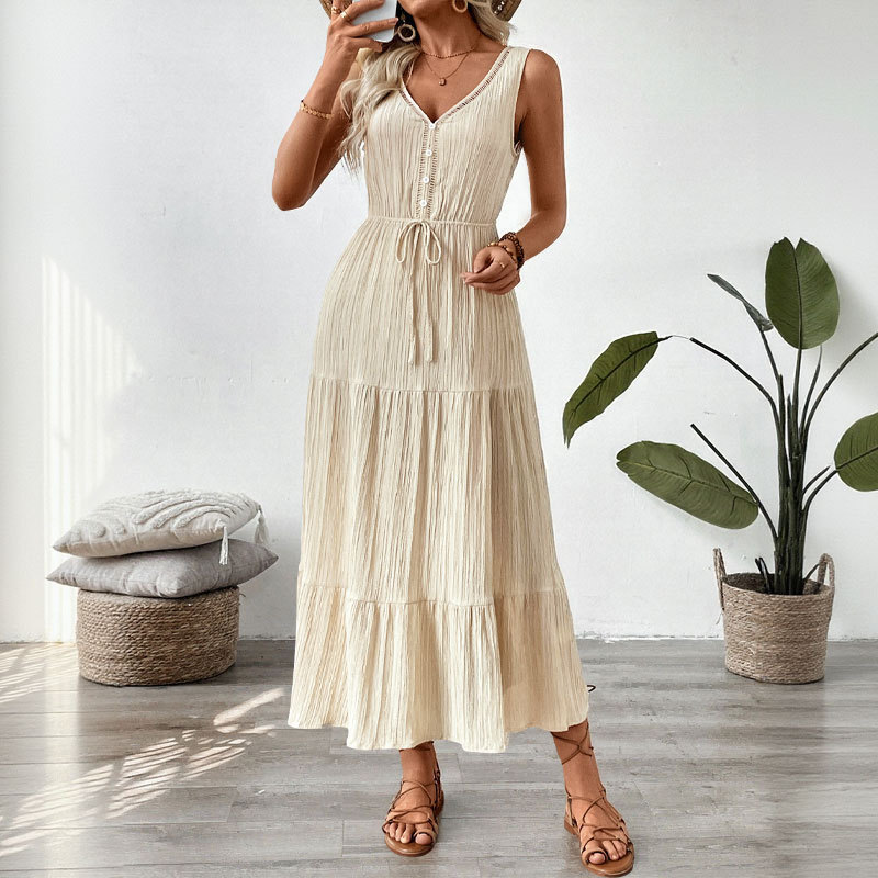 European and American Bohemian V-neck sleeveless dress with drawstring waist, layered large hem, textured holiday long dress in stock