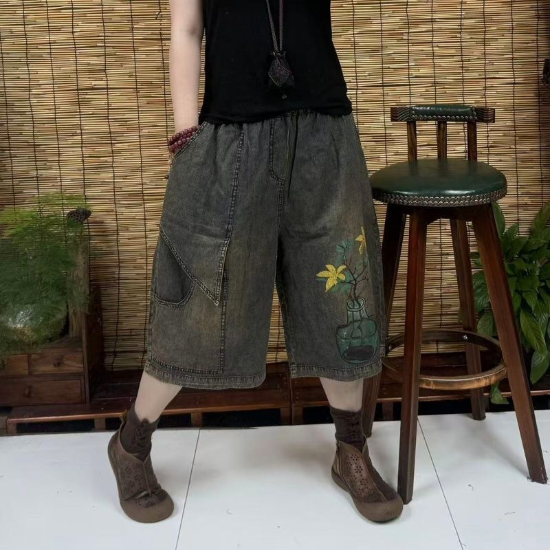 Summer New Retro Harem Denim Six-Point Loose Large Size Casual Elastic Three-Quarter Pants Loose Artistic Retro