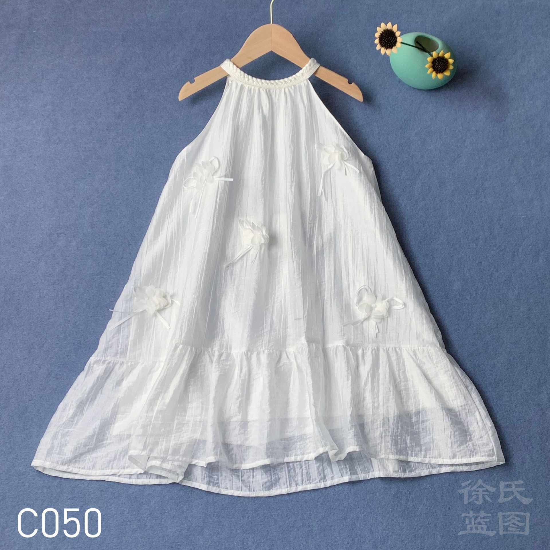 Tie-Dye White Girls' Dress Children's Summer Three-Dimensional Floral French-Style Loose Halter Neck Little White Dress