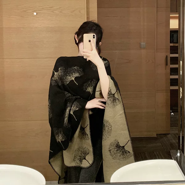 Luxurious and High-End Travel Shawl for Autumn and Winter, Faux Cashmere Cape, Ginkgo Leaf Knit Scarf, Split Cape Outerwear