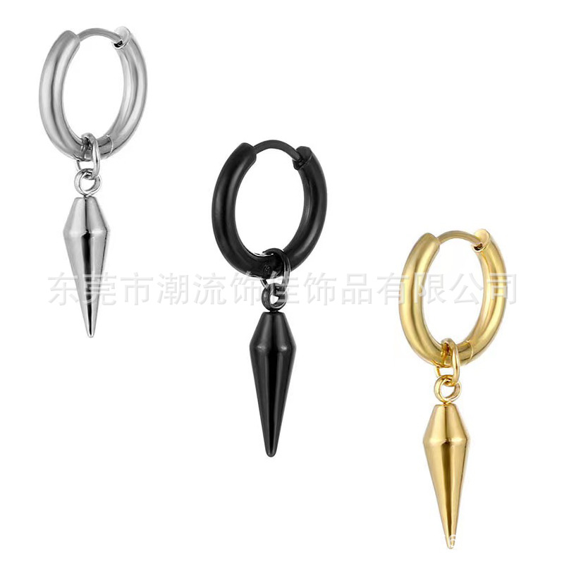 European and American pointed tapered titanium steel earrings men's Harajuku retro simple circle earrings hipster hip-hop earrings earrings