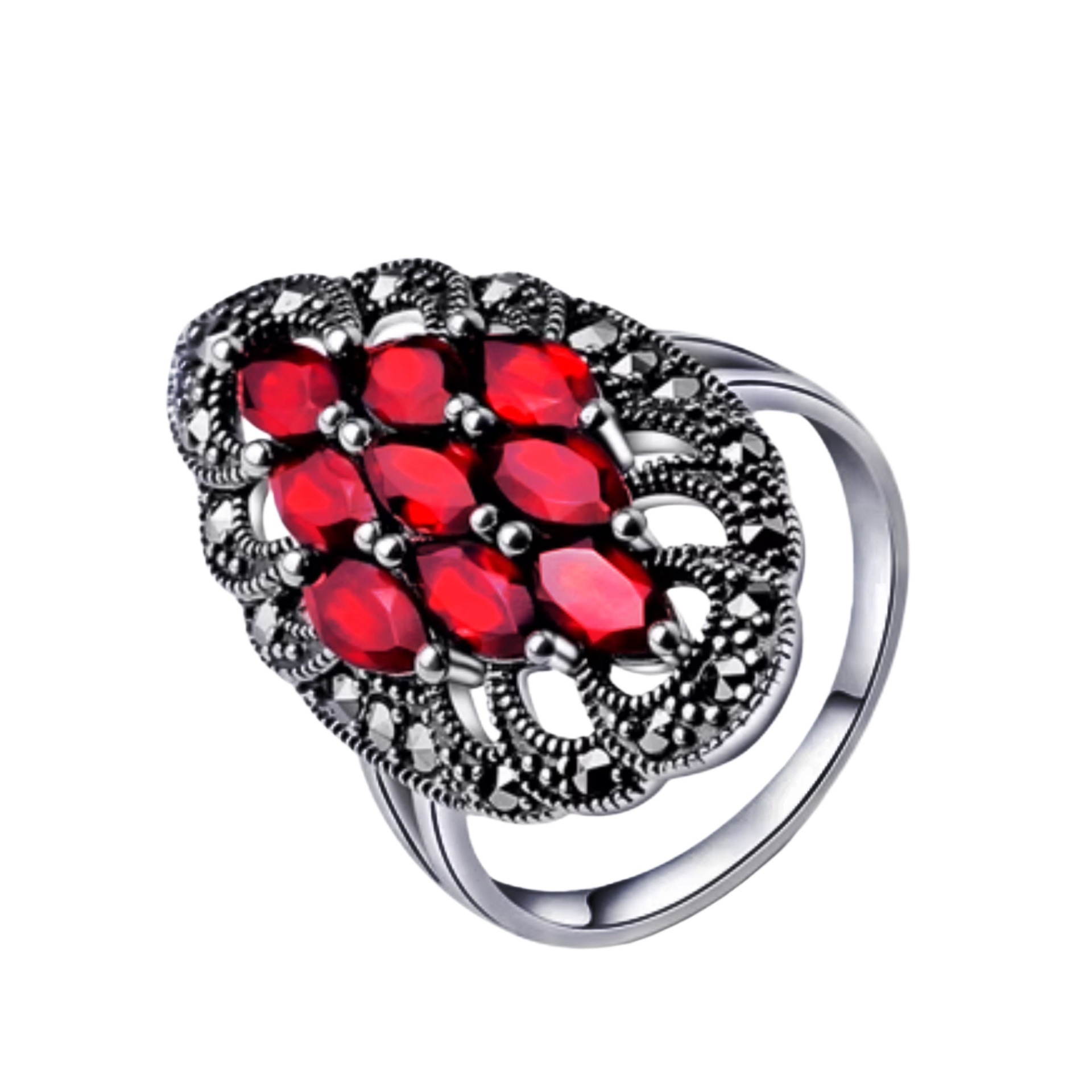 Vintage Elegant Black Zircon Thai Silver Garnet Diamond Red Dust Woman Stone Ring_voghion.com