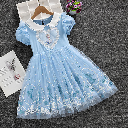 Elsa Summer Dress for Princesses and Children, Children's Summer Short Sleeve Cotton Lace Elsa Dress, Birthday Dress Trendy