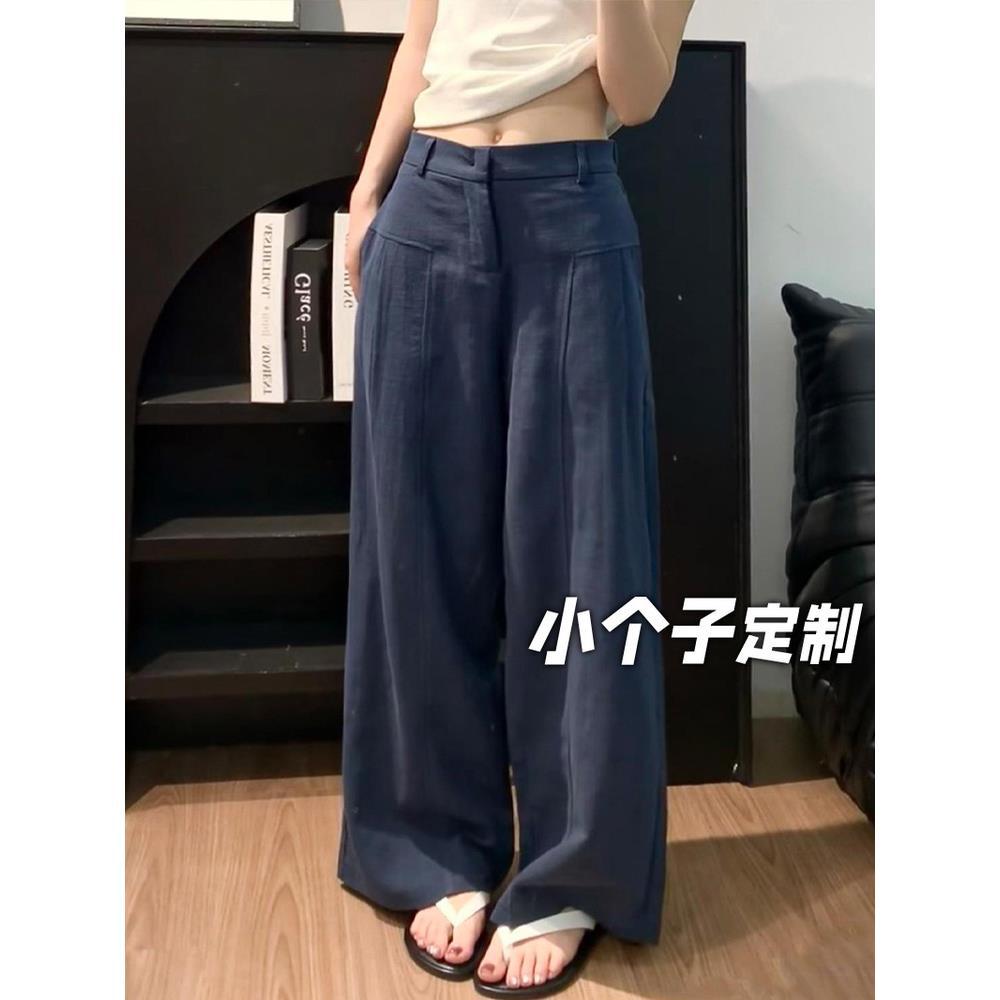 150 Petite Linen Wide-Leg Suit Pants for Women, Autumn Thin Style, Old Money Style Straight Pants, High-Waisted Cotton-Linen Casual Pants