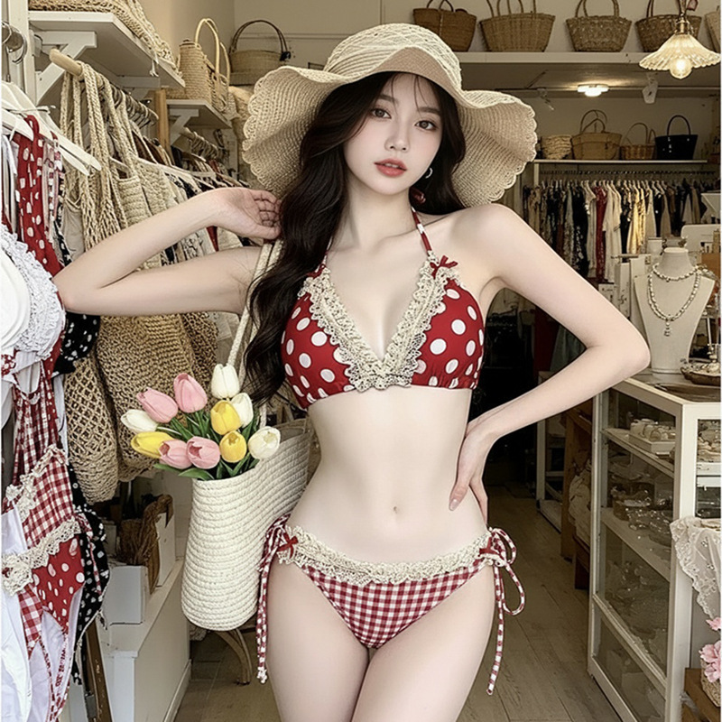 New Summer Sexy Style Polka Dot Lace Bow Halter Neck Tie Bikini Swimsuit for Women Beach Vacation