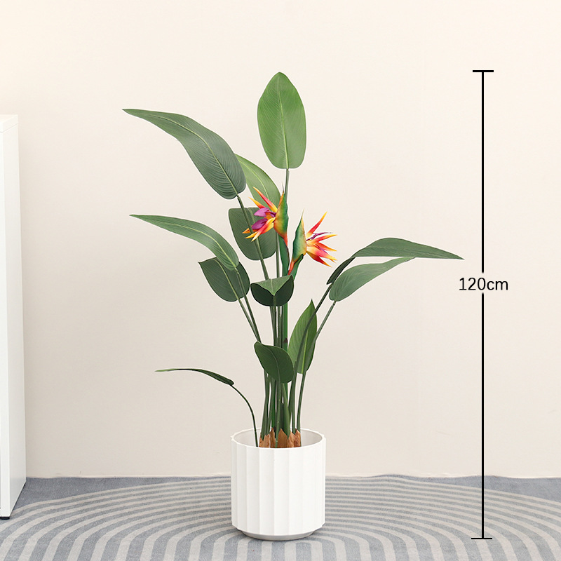 Planta verde de simulación a gran escala, pájaro del paraíso con flores, árbol falso, planta en maceta, sala de estar interior, decoración, paisajismo de plantas biónicas