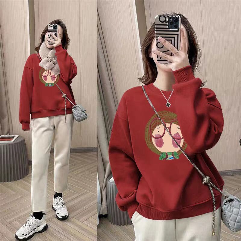 Pick up leakage ~ women's autumn and winter thin round neck sweater small design sense printed fleece-lined coat tide Pick up leakage ~ women's autumn and winter thin round neck sweater small design sense printed fleece-lined coat tide