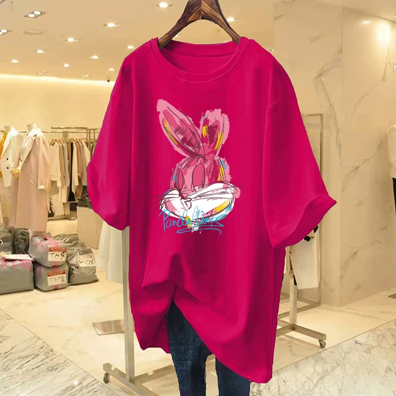 Футболка с короткими рукавами Pitaya, Женская весенне-летняя одежда из дофамина, большой Топ средней длины с принтом кролика, закрывающий ягодицы