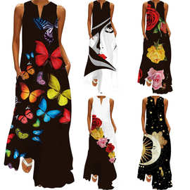 跨境女装亚马逊ebay2024新款欧美春夏时尚印花性感插兜长裙连衣裙