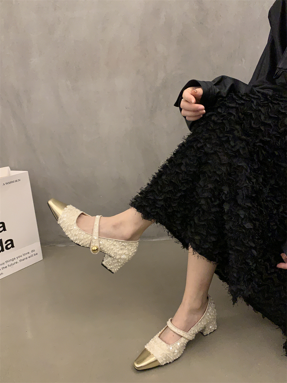 Chanel estilo tacones altos primavera y otoño tacón grueso noche lentejuelas zapatos de una sola capa zapatos de mujer estilo francés vestido negro Mary Jane zapatos