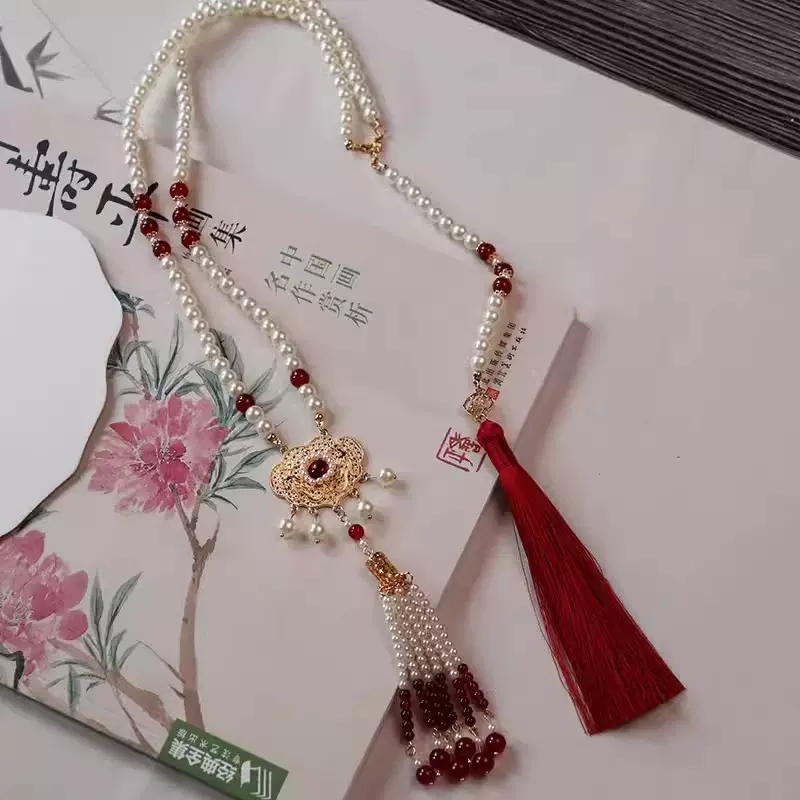 古风长款马面裙项链璎珞复古汉服明制秀禾平安锁配饰长款背云流苏