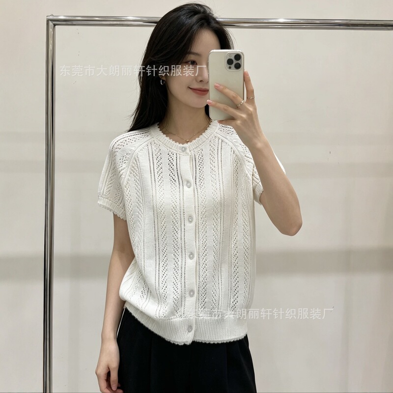 Shenzhen Nanyou Women's Clothing P Brand Classic Simple Retro Short-Sleeve Knit Cardigan Casual Loose Round-Neck Solid Color Top