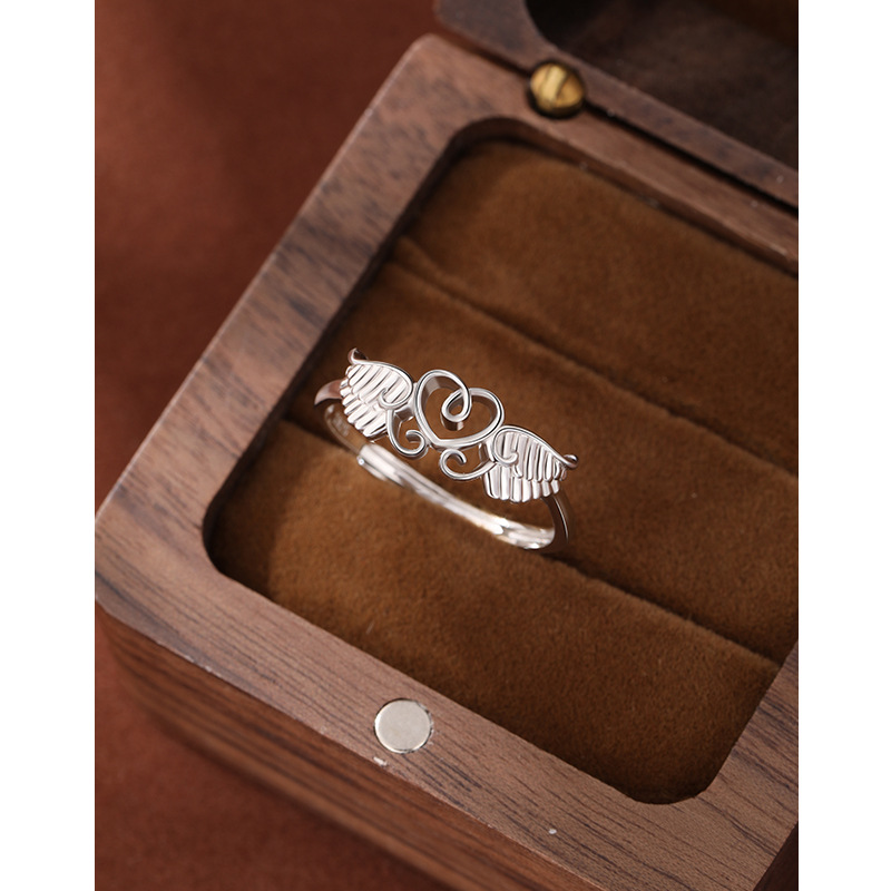 TEMU transfronterizo nuevo anillo de ala de ángel de plata esterlina 925 con forma de corazón abierto para mujeres anillo ajustable joyas retro