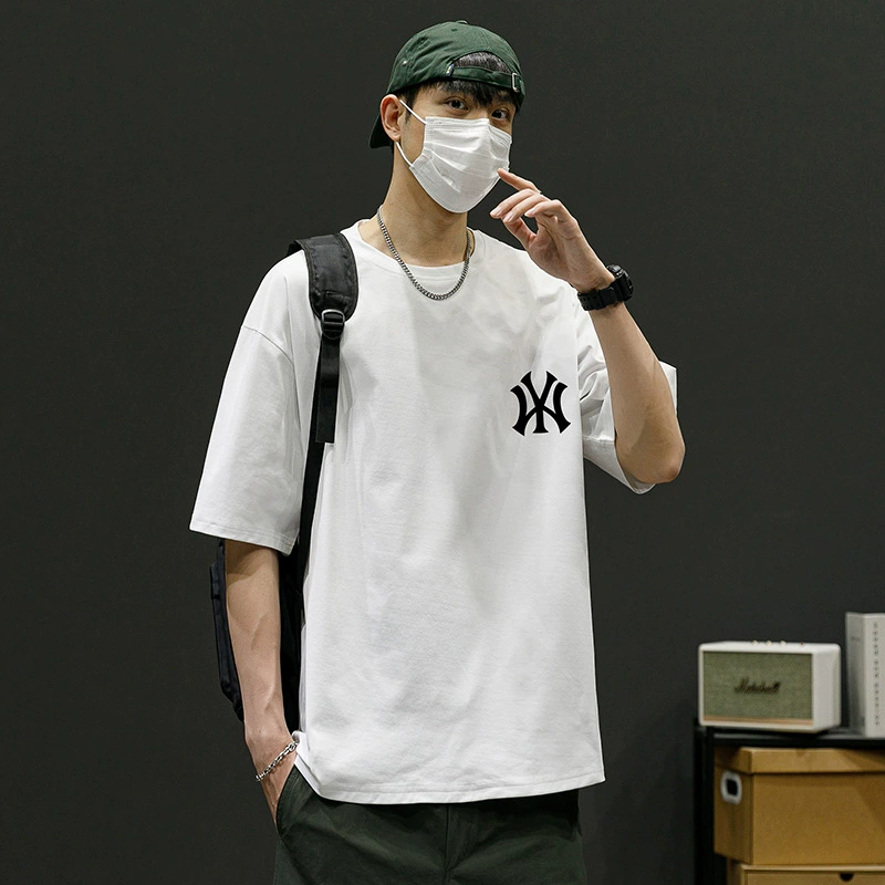 2025 новая летняя футболка для бега с открытыми плечами и круглым вырезом из ледяного шелка с короткими рукавами, мужская популярная модная брендовая свободная рубашка с рукавами пять четвертей