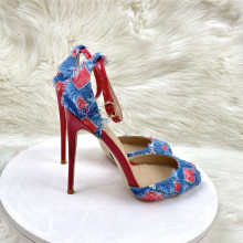 跨境外贸批发欧美新款拼色一字带高跟鞋12CM圆头细跟凉鞋宴会鞋