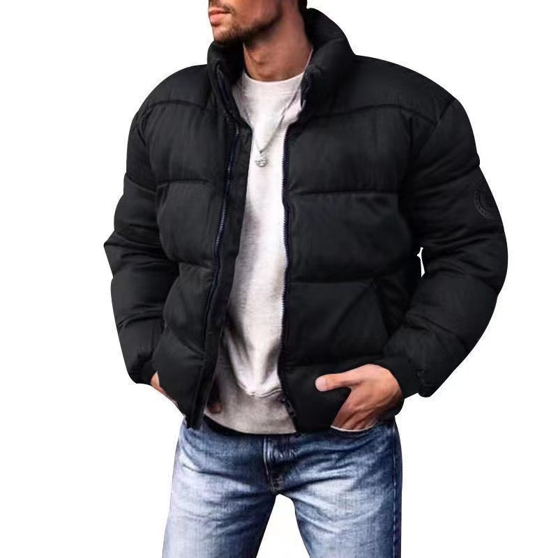Chaqueta acolchada de algodón de invierno para hombres nuevos transfronterizos Abrigo acolchado de algodón con cuello de pie simple Chaqueta acolchada de algodón imprimible de color sólido engrosada