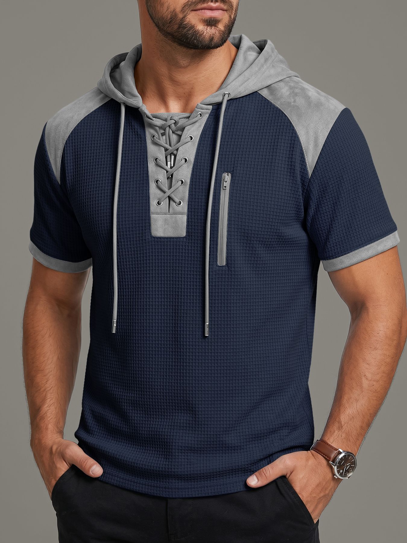 Estación independiente europea y americana encapuchada camiseta Henry de manga corta TK tamaño europeo correa de correa de correa deportiva de comercio exterior Casual camiseta hombre