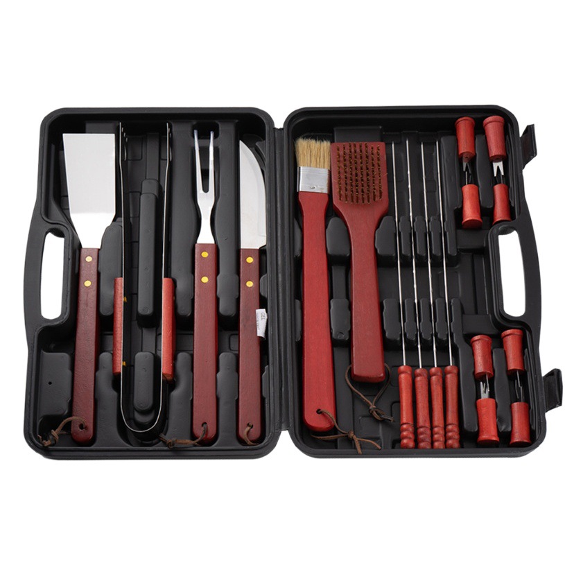 Fábrica al por mayor mango de madera traje combinación de acero inoxidable parrilla al aire libre barbacoa plástico caja de plástico 19 piezas herramientas de barbacoa