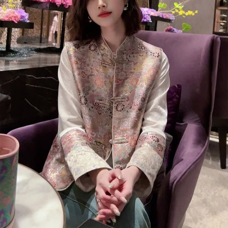 2026 Spring New Fashion Set: Pink Jacquard Vest and White Shirt Two-Piece Set in New Chinese Style