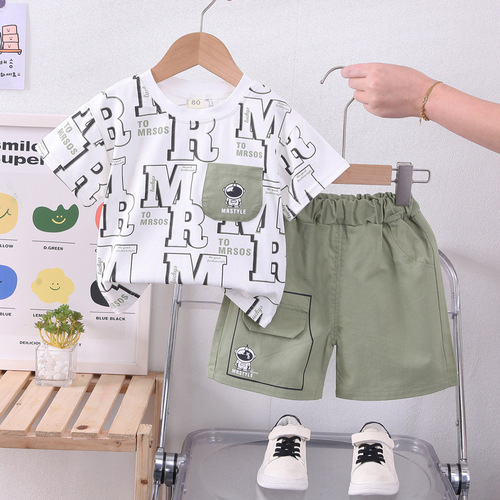 Boys and girls summer suit Korean version new all-over printed short-sleeved two-piece set for small and medium-sized children baby short-sleeved loose summer suit