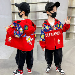 男童字母肩拼花布奧特曼外套春秋裝小兒童連帽風衣中小童外貿童裝