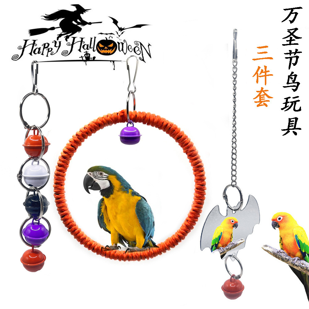 Conjunto de juguetes para pájaros de Halloween transfronterizos Espejo de pájaro en forma de murciélago Soporte de estación de loro Accesorios para jaulas de pájaros Suministros para pájaros al por mayor