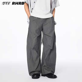 美式褶皱弯刀伞兵裤子男夏季潮牌拼接宽松垂坠感阔腿休闲工装长裤