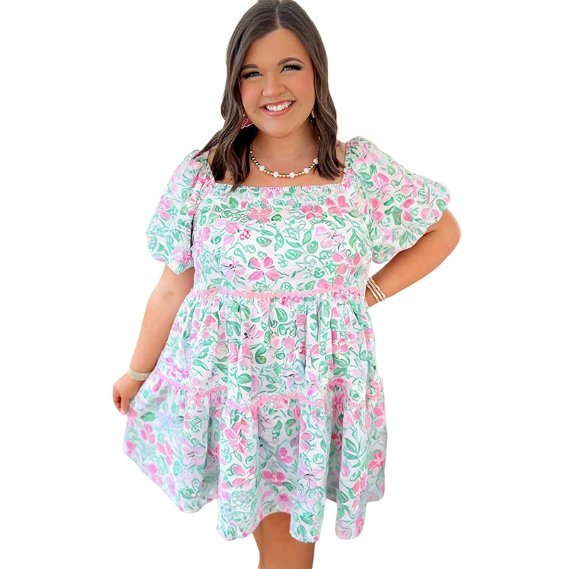 Летнее модное платье, мини-юбка, квадратный вырез, plus size, европейский стиль, свободный крой, высокая талия