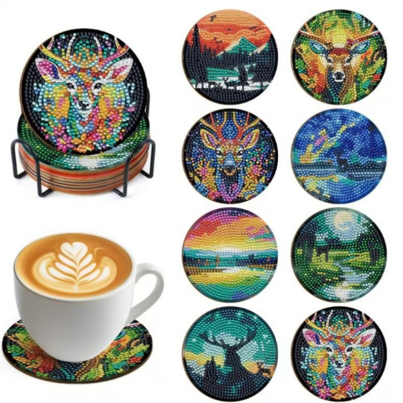 Ventas transfronterizas calientes de 8 piezas de conjunto de cojín de taza de arte de diamante, con soporte, pequeño conjunto de pintura de diamante, adecuado para adultos