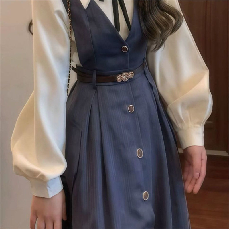 韩系学院风背心连衣裙子女早初秋新款小个子气质衬衫穿搭套装长裙|undefined