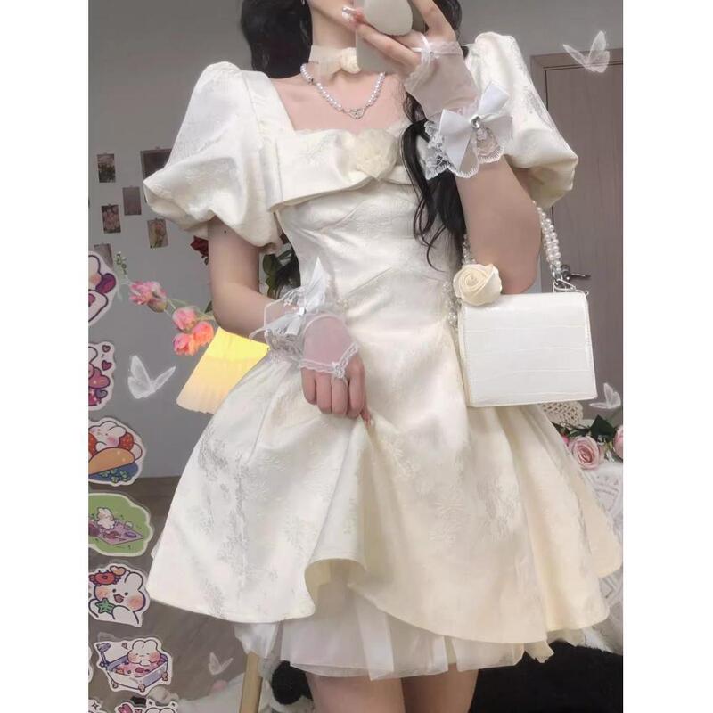 French Puff Sleeve Bow Dress Fairy Summer Birthday Dress Fugitive Princess Tutu Skirt Petite