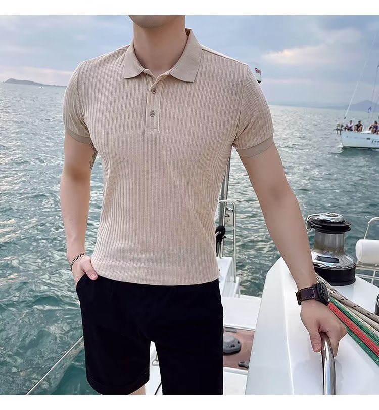 Camicia in polp intrecciato a righe estive 2023 T-shirt in seta di ghiaccio Versatile tinta unita comoda manica corta - stampabile Tiktok_voghion.com