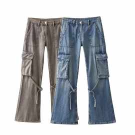 秋季款中性高腰棉质牛仔洗水做旧立体大口袋微喇裤时髦女式牛仔裤