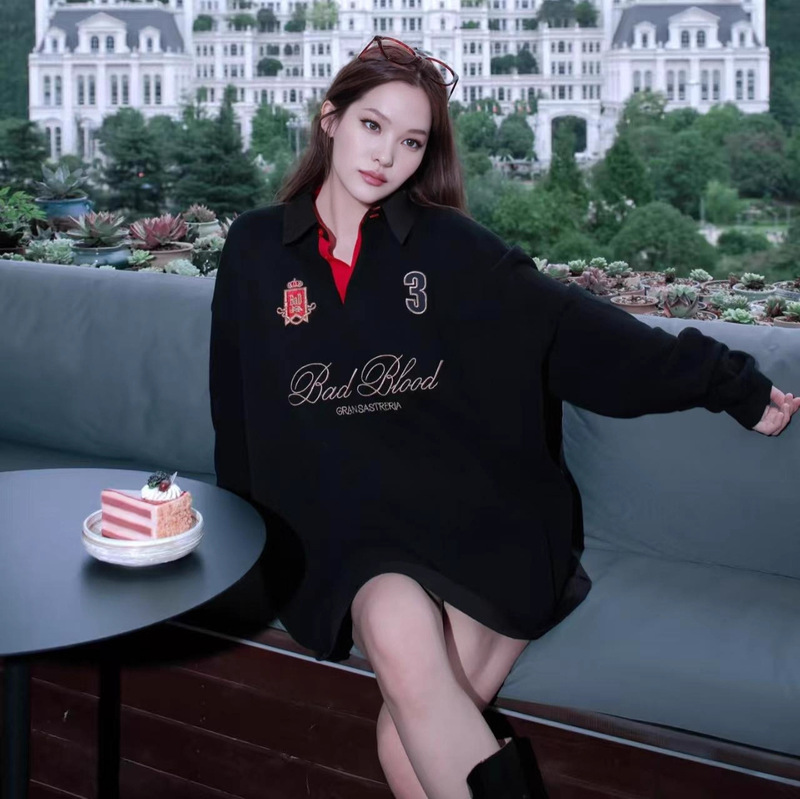 Badblood American Black Lapel Contrasting Large Version Sweatshirt Sexy Loose Autumn and Winter Rugby Top Jacket Trendy