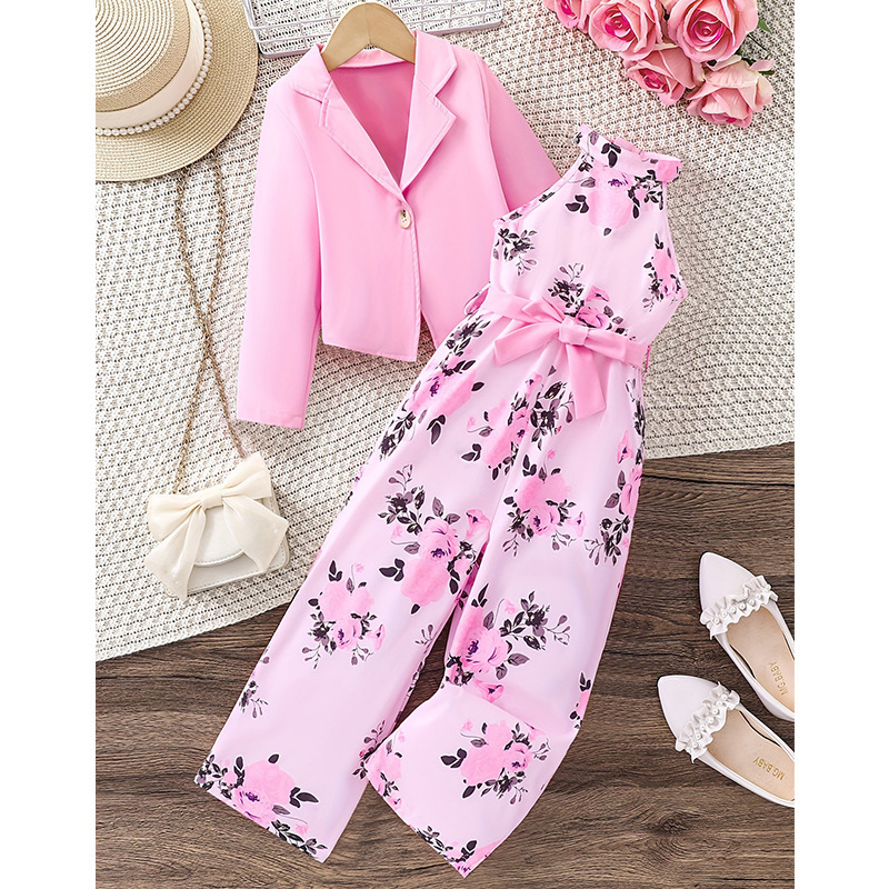 Cross-Border European Style Girls' Suit Sleeveless Floral Halterneck Jumpsuit Pink Suit Jacket Children's Two-Piece Suit Cross-Border European Style Girls' Suit Sleeveless Floral Halterneck Jumpsuit Pink Suit Jacket Children's Two-Piece Suit