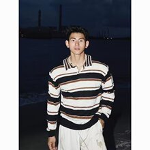 美式复古街头POLO领撞色条纹针织衫套头秋冬宽松翻领毛衣潮