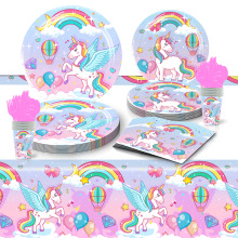 新款跨境独角兽儿童生日派对装饰纸盘纸杯纸巾桌布一次性餐具套装